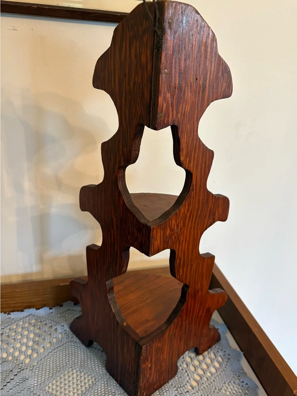 Vintage 1970’s Wooden Corner DisplayTrinket Shelf with 3 Tiered Design.
